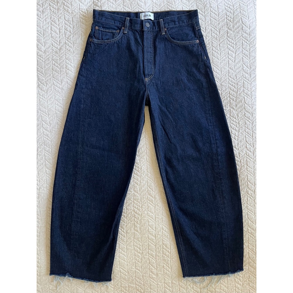 AGOLDE Luna Size 29 Dark Rinse Barrel Leg Jeans Raw Hem High Rise